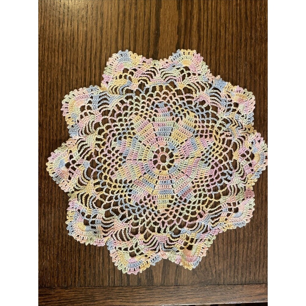 Vintage Multi Color Crochet Doily Handmade Blue Yellow Pink 9 Inch Diameter